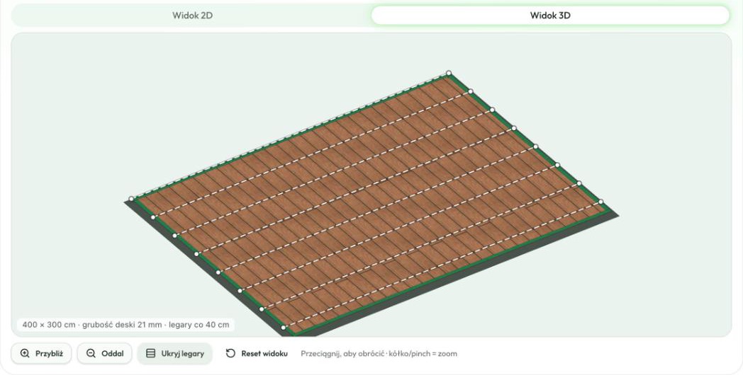 Widok 3D kalkulatora Vymiar: obracalny model tarasu z deskami ułożonymi na legarach